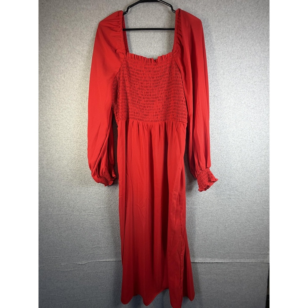 LA‎ Ligne Dress Womens Large Red Smocked Square Neck Long Puff Sleeve Maxi Boho